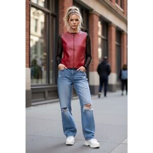 Vintage Leather Zipper Red Cotton Ribbed Vest, size Small Y2K 90s MAURICE SASSON